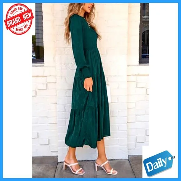 Floral Midi Dress Long Sleeve Smocked Elegant Wedding Guest Flowy with Pockets